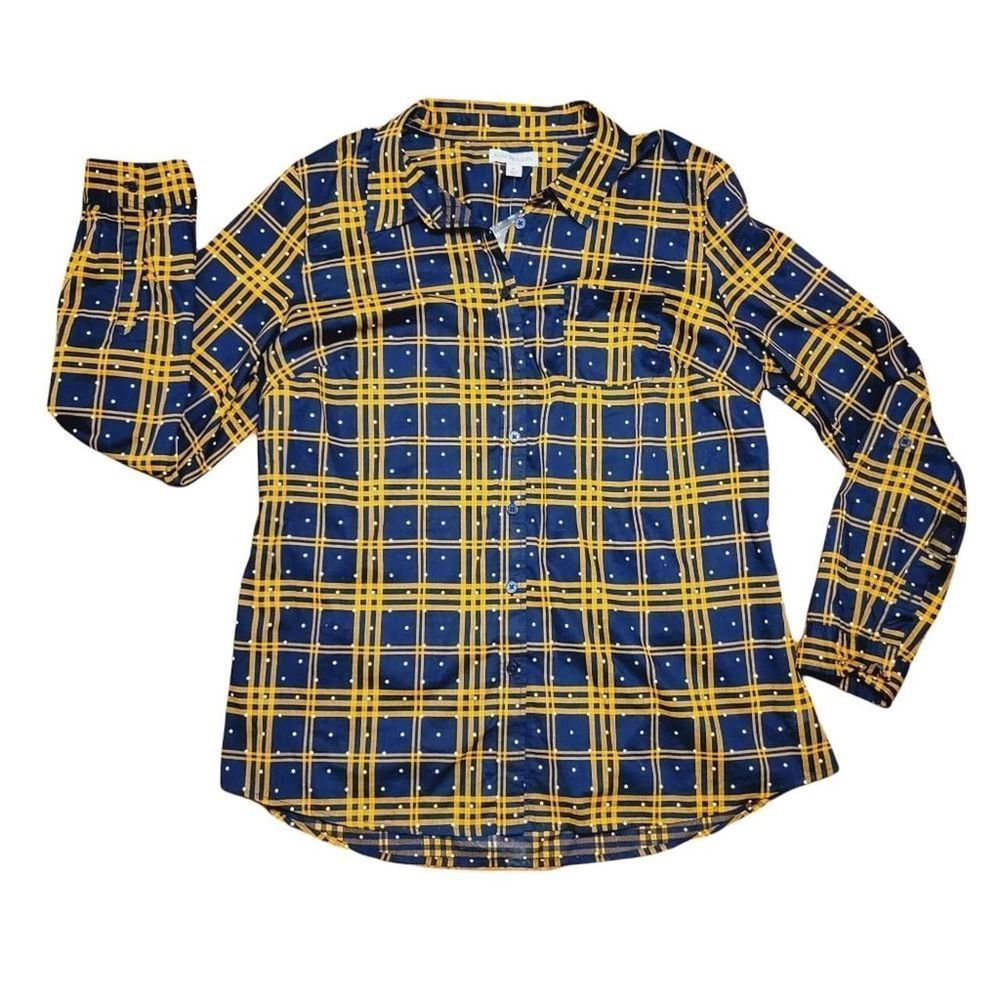 Kim Rogers Plaid Button Down Shirt // Size Large // Navy and Orange Plaid